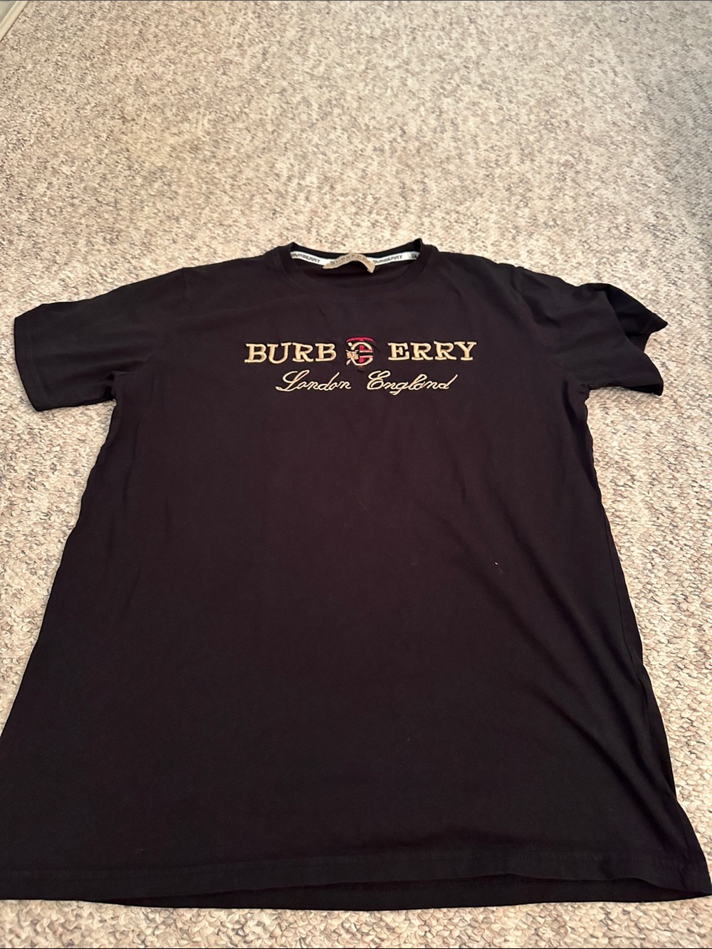 Burberry London England Black Short Sleeve Logo Tee with Gold Embroidery